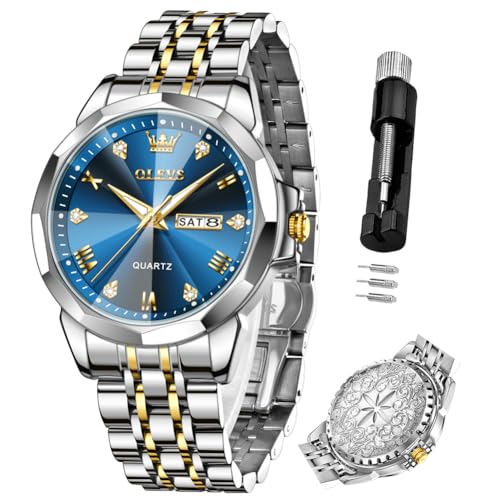 OLEVS 腕時計 メンズ クォーツ フレグランスウオッチ ステンレス 防水 日付 カレンダー 夜光 人気 おしゃれ ブランド 香りつき watch for men ゴールド＆ブルー